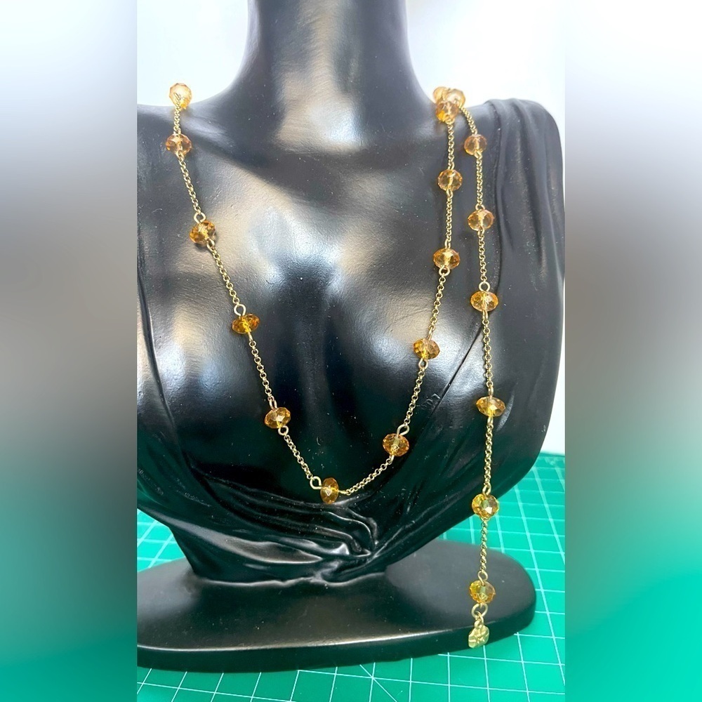 Vintage Monet crystal gold tone amber color crystal long necklace
